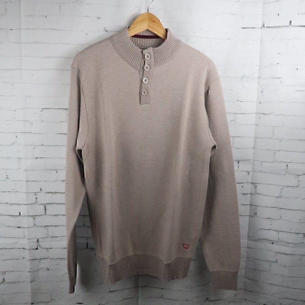 ECKO UNLTD TAN PULLOVER 4 BUTTON ELBOW PATCHES LONG SLEEVE SWEATER SIZE LARGE